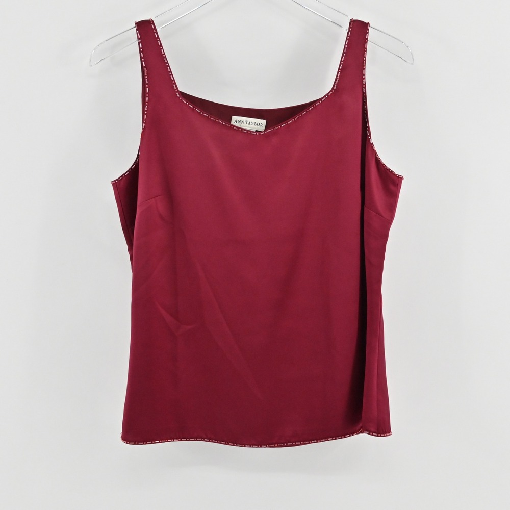 Ann Taylor Womens Beaded Silk Tank Top Size 8 Red Y2k‎ Satin Elegant Square Neck